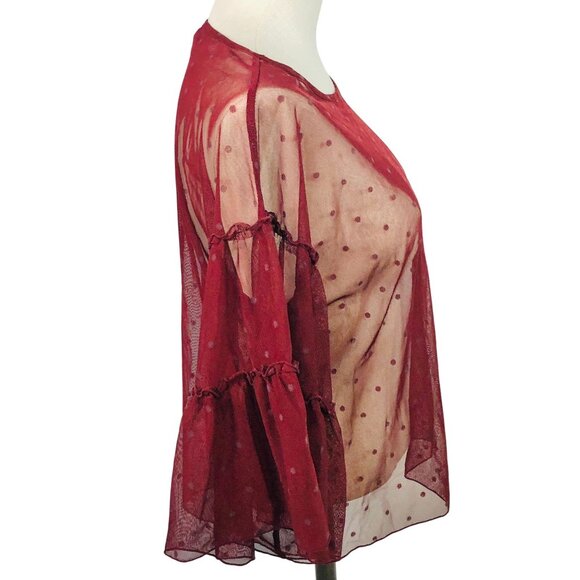 Express Small Petite Sheer Maroon Lacy Top Ruffled Bell 3/4 Sleeves Spotted - Picture 3 of 10